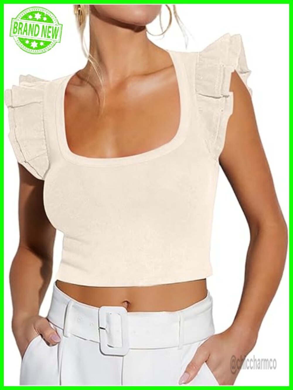 Women's Square Neck Cropped Tank Top Ruffle Sleeve
